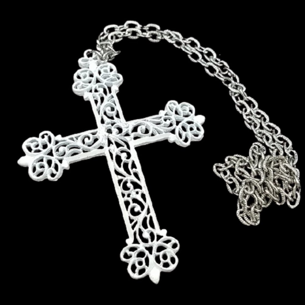 Vintage 1970's Huge White Enamel Cross Necklace